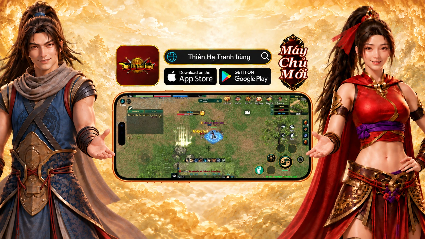 Thiên Hạ Tranh Hùng — hai nhân vật giới thiệu gameplay trong điện thoại màu cam